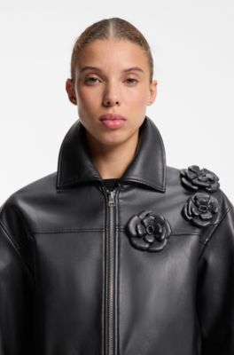 Faux-leather jacket with floral embellishments, Black