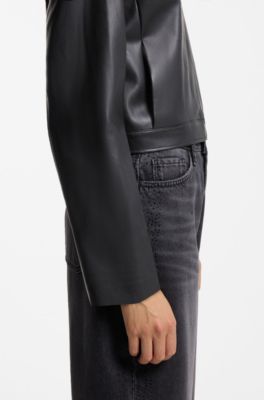 Faux-leather jacket with floral embellishments, Black