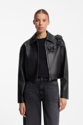 Faux-leather jacket with floral embellishments, Black
