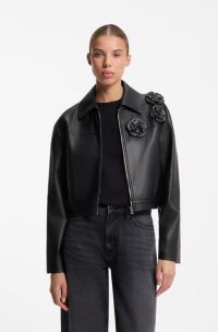 Faux-leather jacket with floral embellishments, Black