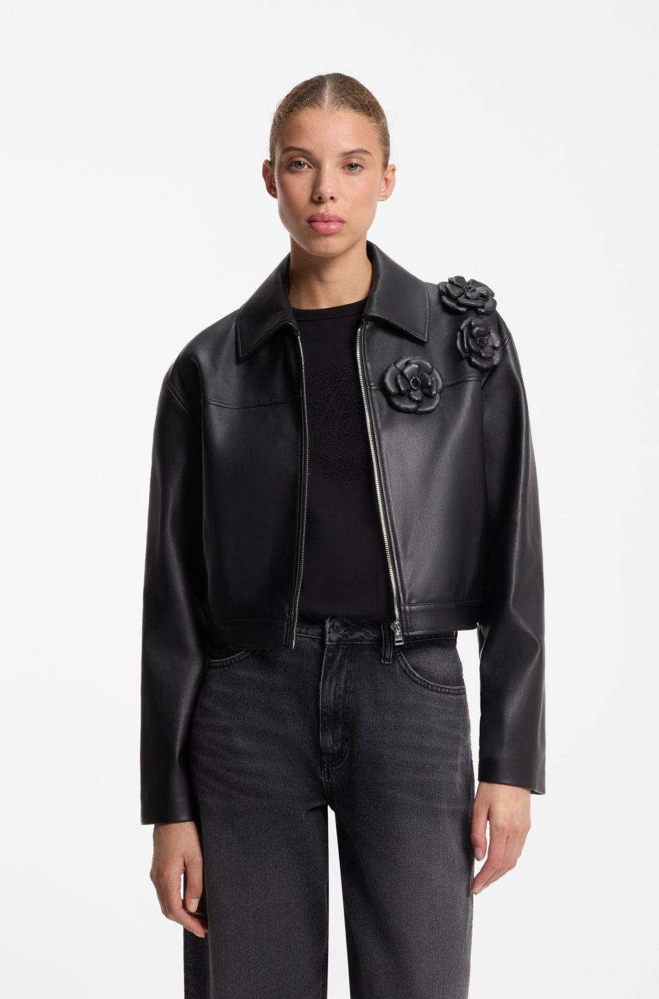 Faux-leather jacket with floral embellishments