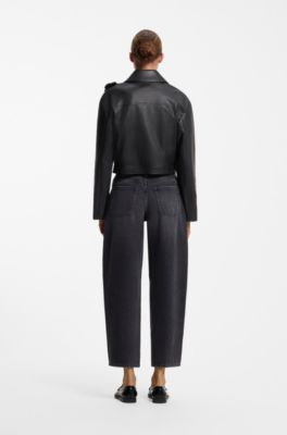 Faux-leather jacket with floral embellishments, Black