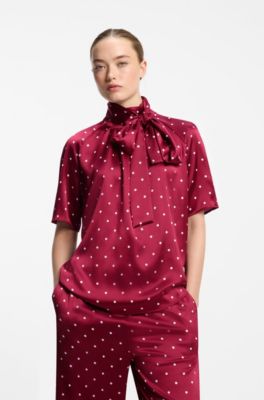 Polka-dot top in stretch satin with detachable scarf, Patterned