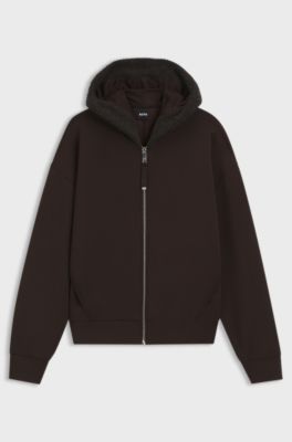 Felpa loose fit in jersey scuba con cappuccio e zip, Marrone scuro
