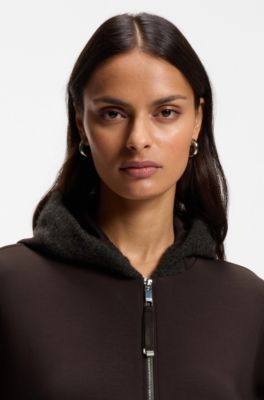Felpa loose fit in jersey scuba con cappuccio e zip, Marrone scuro