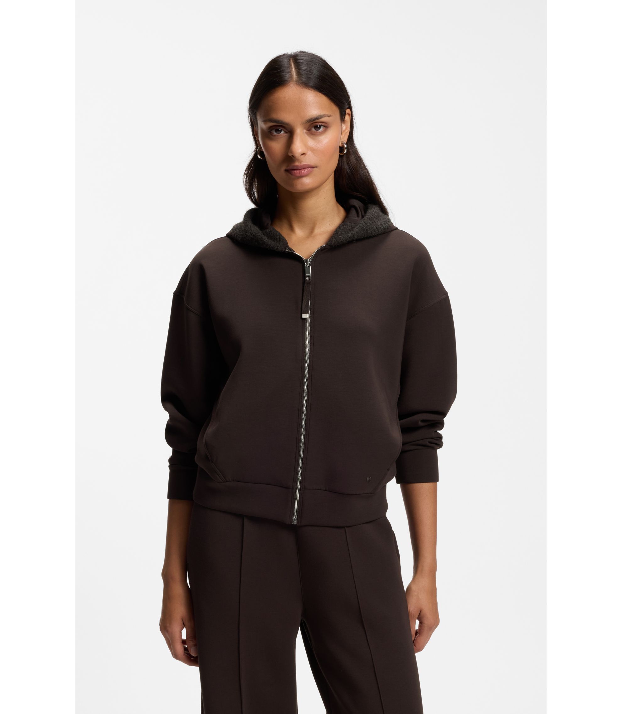 BOSS - Loose-fit zip-up hoodie in scuba jersey - Dark Brown