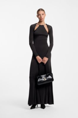 Long-sleeved jersey dress with chain necklace, Black