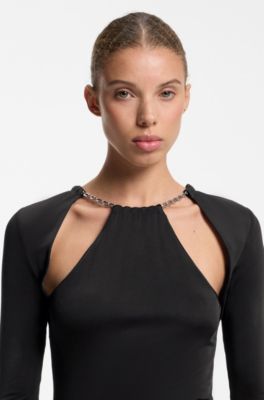 Long-sleeved jersey dress with chain necklace, Black