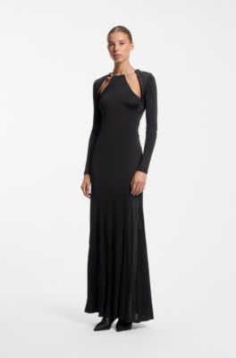 Long-sleeved jersey dress with chain necklace, Black