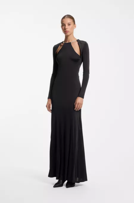 Long-sleeved jersey dress with chain necklace