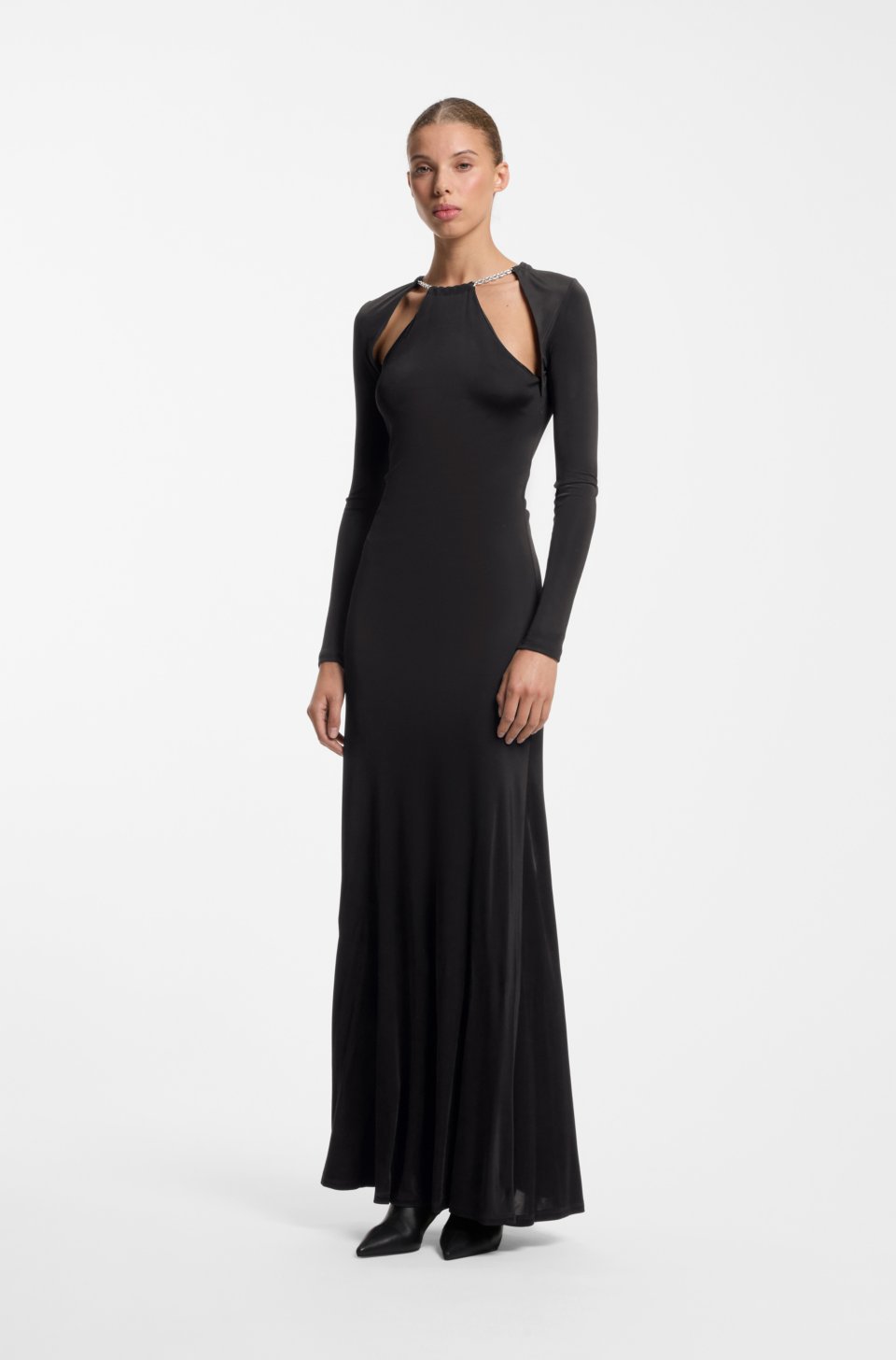 Long-sleeved jersey dress with chain necklace