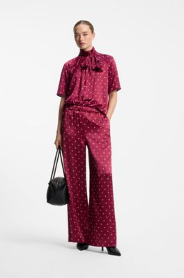 Relaxed-fit trousers in satin with polka-dot print, Dark Red