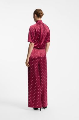 Relaxed-fit trousers in satin with polka-dot print, Dark Red