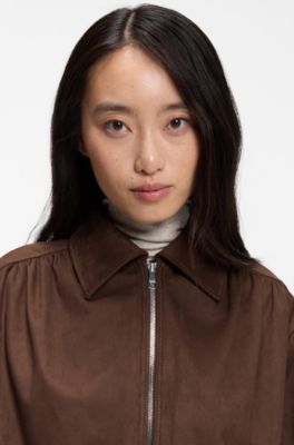 Relaxed-fit zip-up jacket in faux suede, Brown