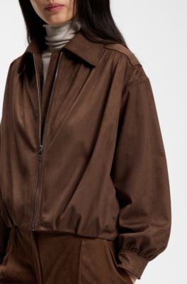 Relaxed-fit zip-up jacket in faux suede, Brown