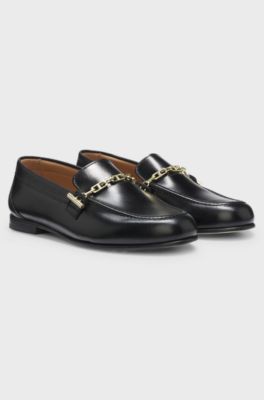Leather loafers with chain trim and logo detail, Black
