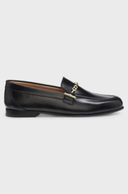 Leather loafers with chain trim and logo detail, Black