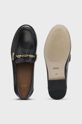Leather loafers with chain trim and logo detail, Black