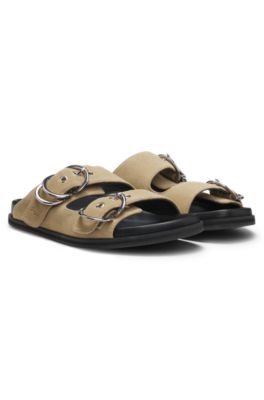 Suede slides with twin buckled straps, Beige