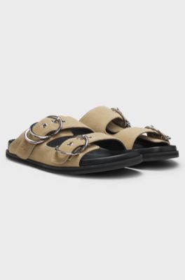 Suede slides with twin buckled straps, Beige