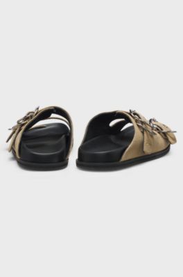 Suede slides with twin buckled straps, Beige