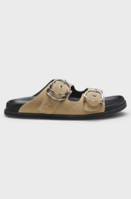 Suede slides with twin buckled straps, Beige