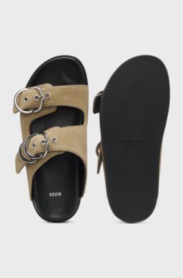 Suede slides with twin buckled straps, Beige
