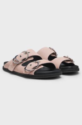 Suede slides with twin buckled straps, light pink