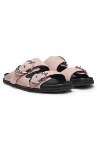Suede slides with twin buckled straps, light pink
