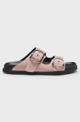 Suede slides with twin buckled straps, light pink