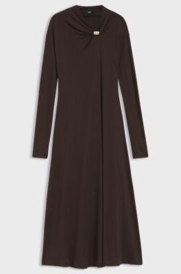 Draped-neck maxi dress with hardware detail, Dark Brown