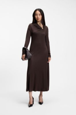 Draped-neck maxi dress with hardware detail, Dark Brown