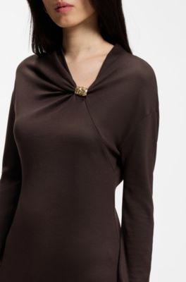 Draped-neck maxi dress with hardware detail, Dark Brown