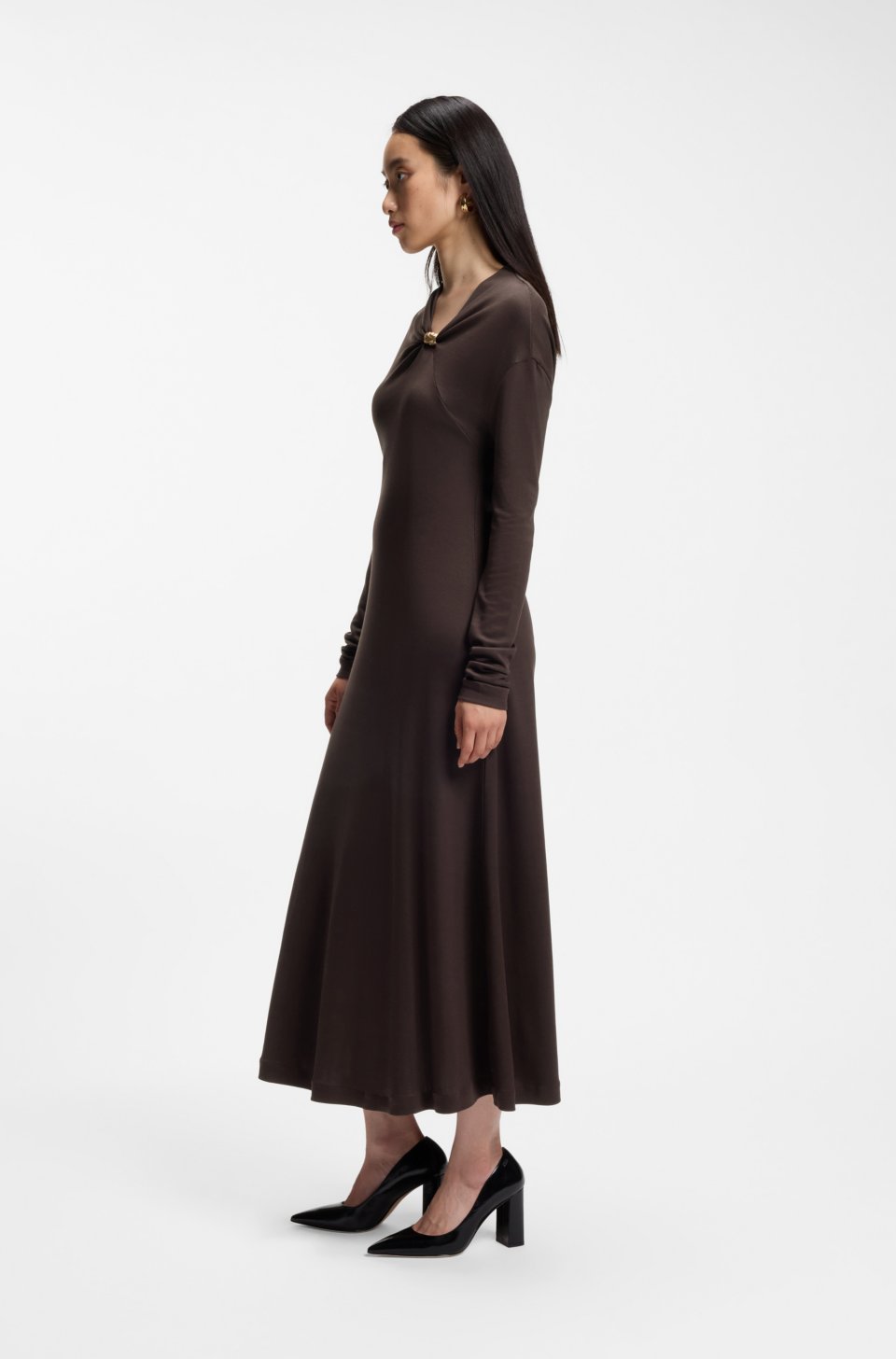 Draped-neck maxi dress with hardware detail