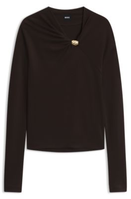 V-neck top with metallic neckline hardware, Brown