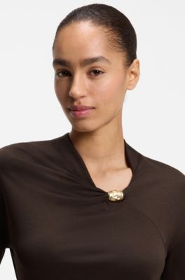 V-neck top with metallic neckline hardware, Brown