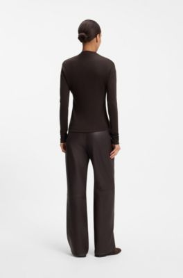 V-neck top with metallic neckline hardware, Brown