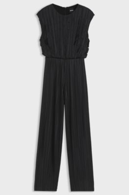 Pliss&eacute; jumpsuit with laser-cut scallop detailing, Black