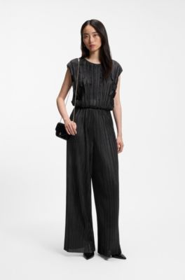 Pliss&eacute; jumpsuit with laser-cut scallop detailing, Black