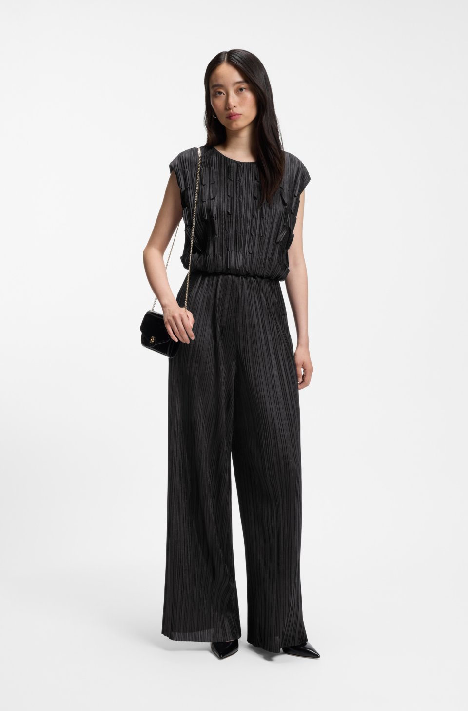 Plissé jumpsuit with laser-cut scallop detailing