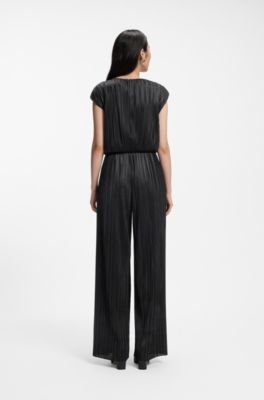 Pliss&eacute; jumpsuit with laser-cut scallop detailing, Black