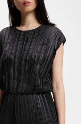 Pliss&eacute; jumpsuit with laser-cut scallop detailing, Black