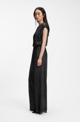 Pliss&eacute; jumpsuit with laser-cut scallop detailing, Black