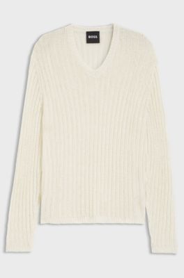 Maglione relaxed fit in lino con lavorazione a coste, Colore neutro