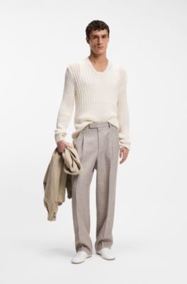 Maglione relaxed fit in lino con lavorazione a coste, Colore neutro