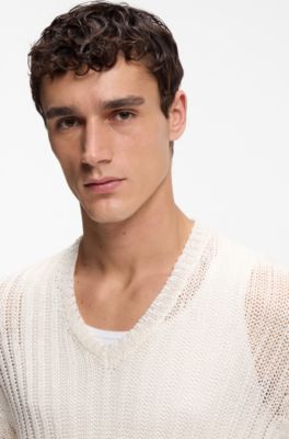 Maglione relaxed fit in lino con lavorazione a coste, Colore neutro