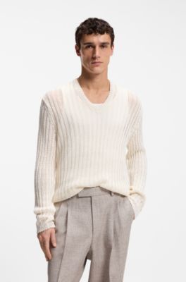 Maglione relaxed fit in lino con lavorazione a coste, Colore neutro