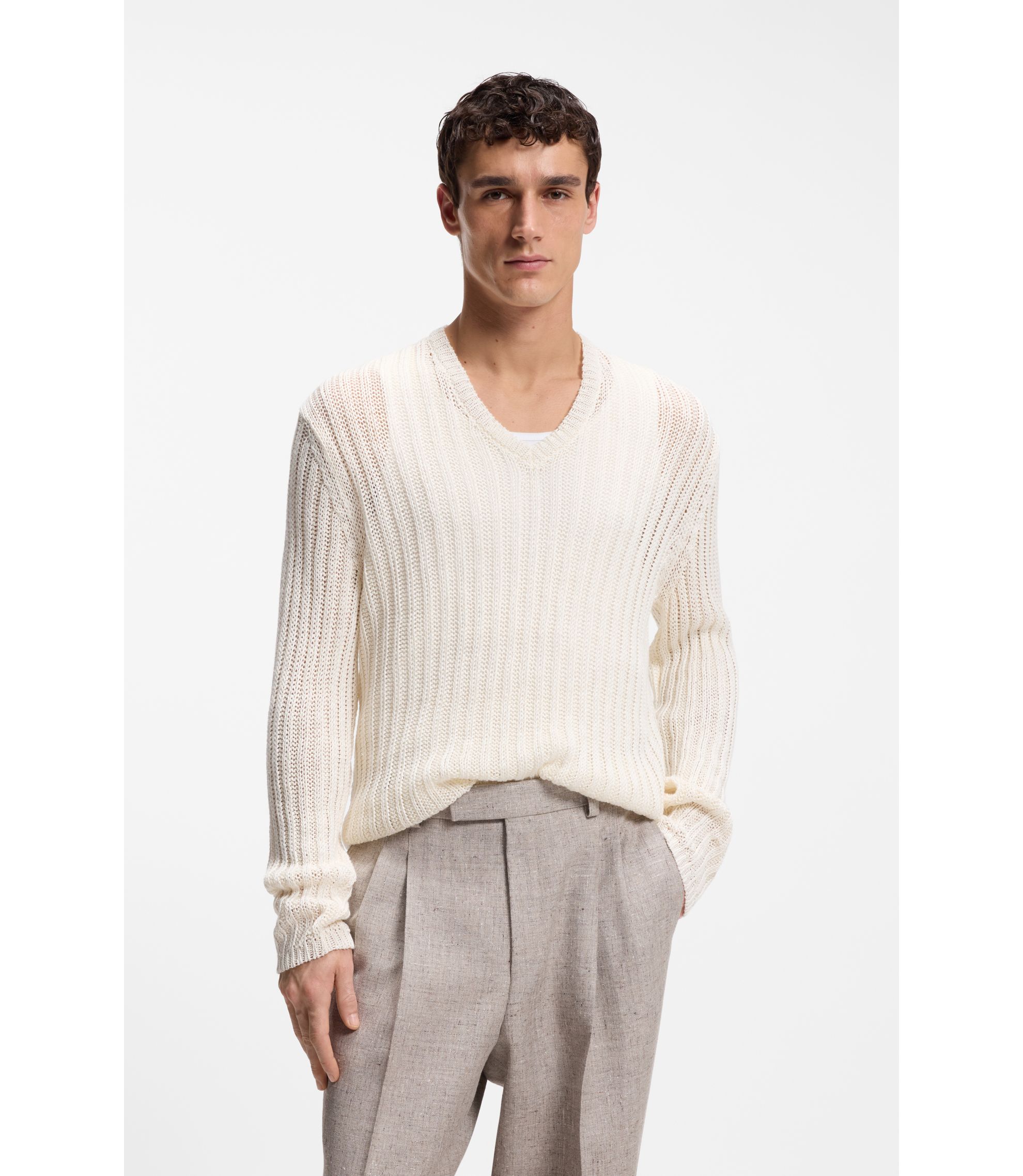 Relaxed-Fit Pullover aus Leinen mit Rippstrick