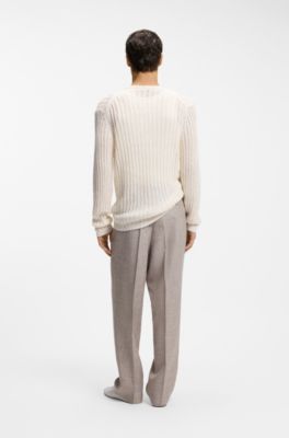 Maglione relaxed fit in lino con lavorazione a coste, Colore neutro