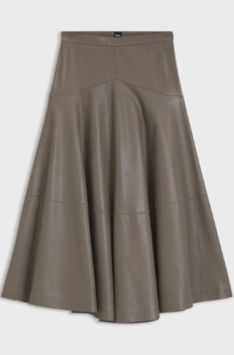 Leather midi skirt with bell silhouette, Taupe